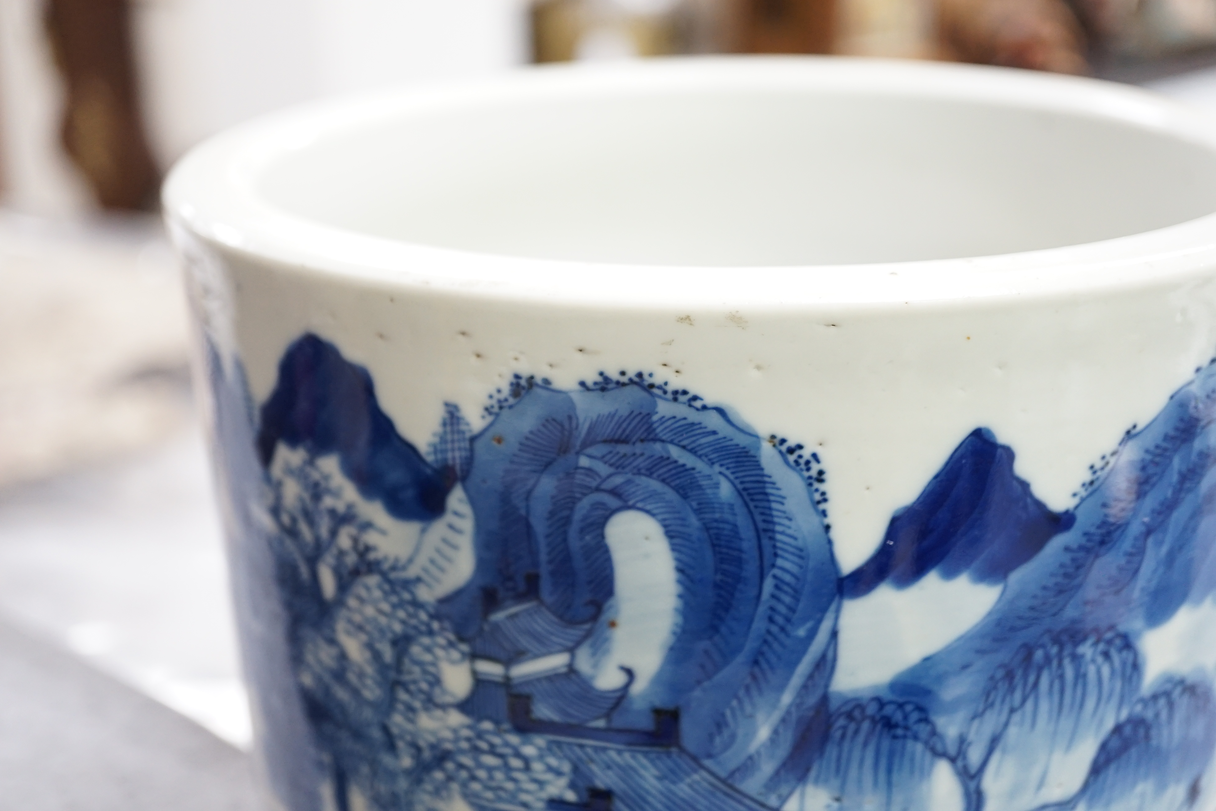 A Chinese blue and white ‘landscape’ cylindrical brushpot, bitong, 19th century